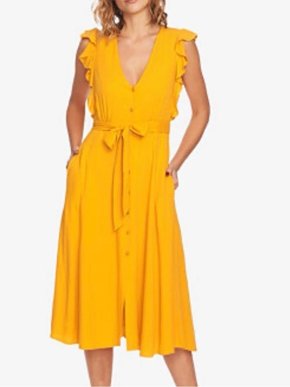 1. State Yellow Button-Front Tie-Waist Midi Dress